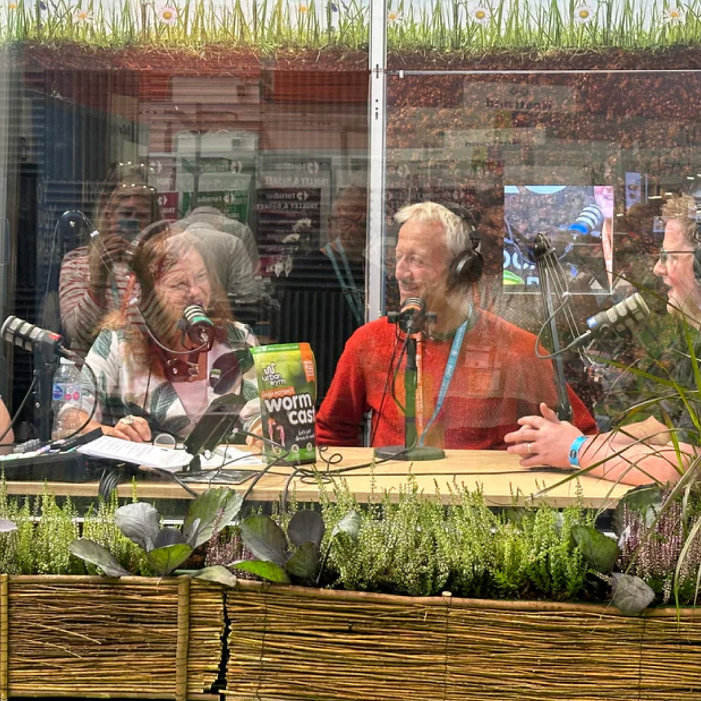 Charles Dowding and Chris Holgreaves from Urban Wyrm sit in a recording booth with the two hosts of the Underground Podcast